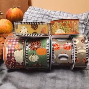 Fall Ribbon Lot 6 Rolls Wired Edge Pumpkins Plaid Gnomes Autumn Leaves Harvest 6